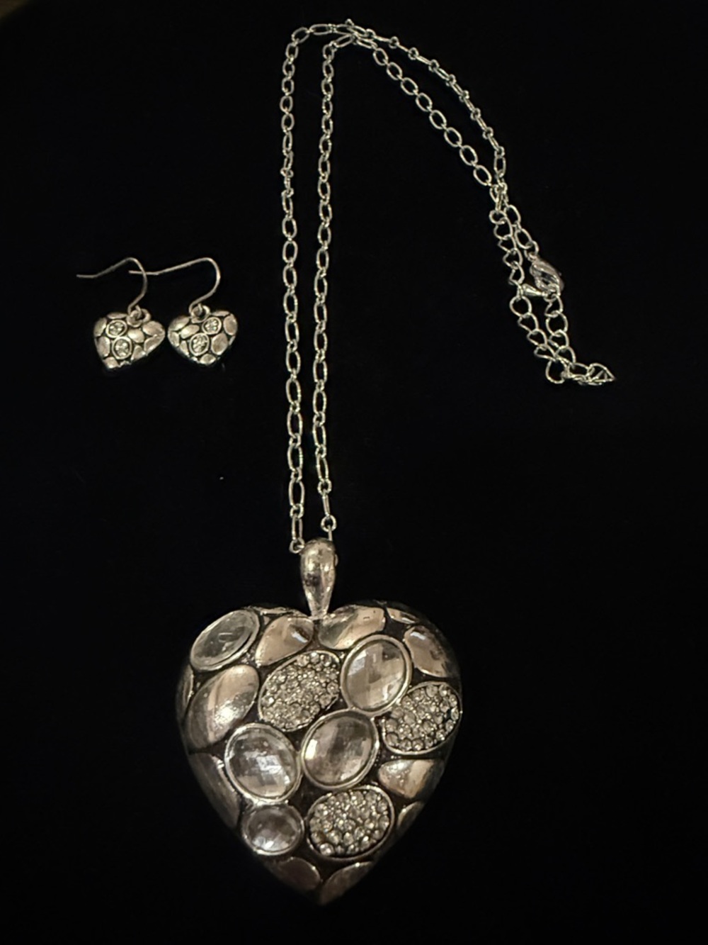 Heart Pendant Necklace and Earrings Set - Silver Tone